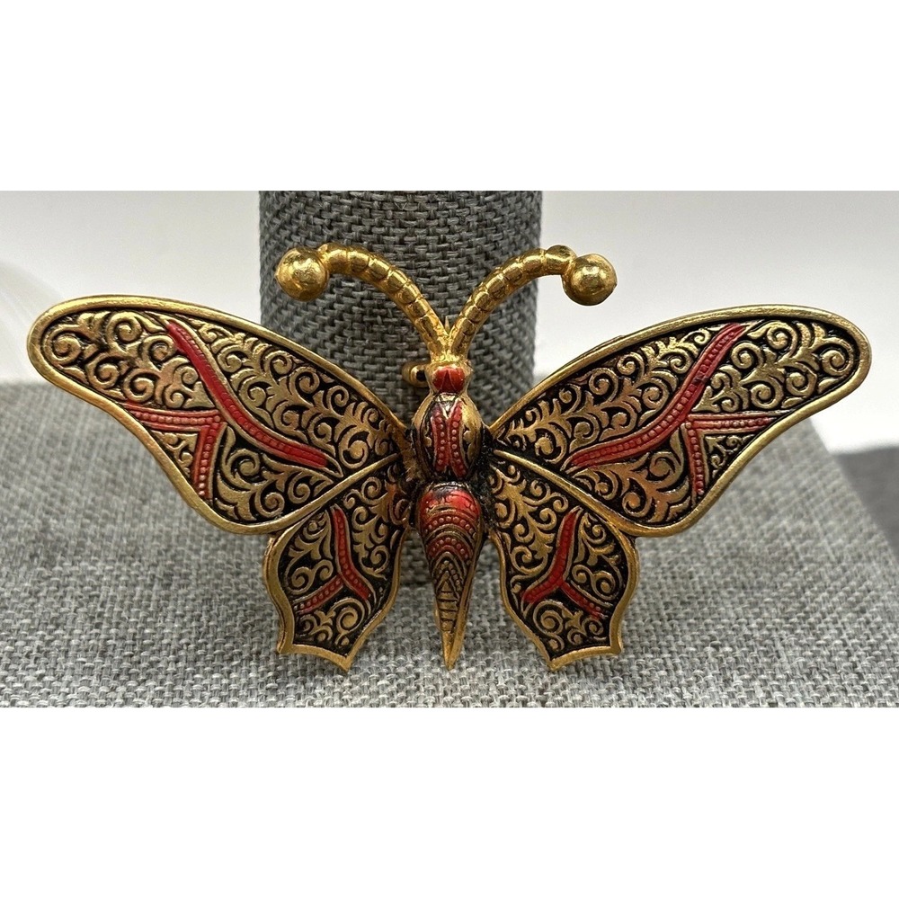 Vintage Spanish Damascene Butterfly Brooch Gold Tone Red Enamel Filigree Pin